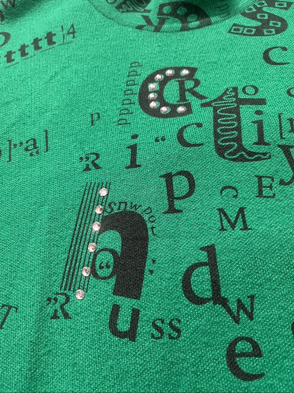 Tricotto Emerald Green Rhinestone Letter Print Sweater – Size L – Like New - Picture 6 of 9